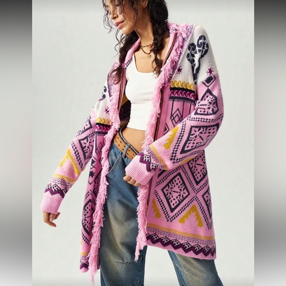Bohemian fringe knit oversized cardigan sweater pink eye eyeball printed tribal - Picture 5 of 9